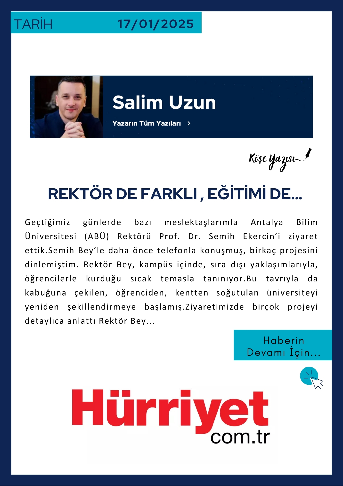 Hürriyet Gazetesi Akdeniz Bölge Temsilcisi Salim UZUN'un Köşe Yazısı